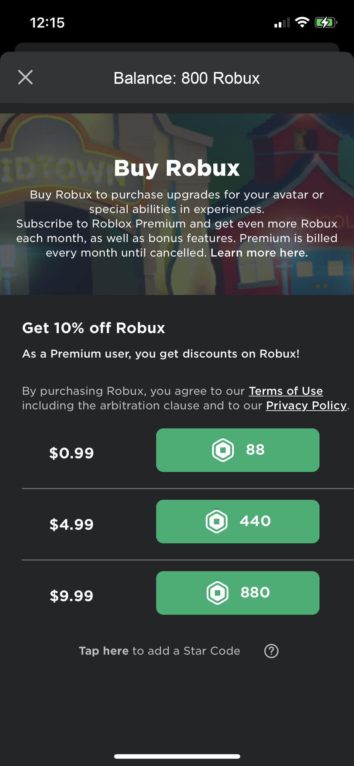 Screenshot showing 800 Robux earned